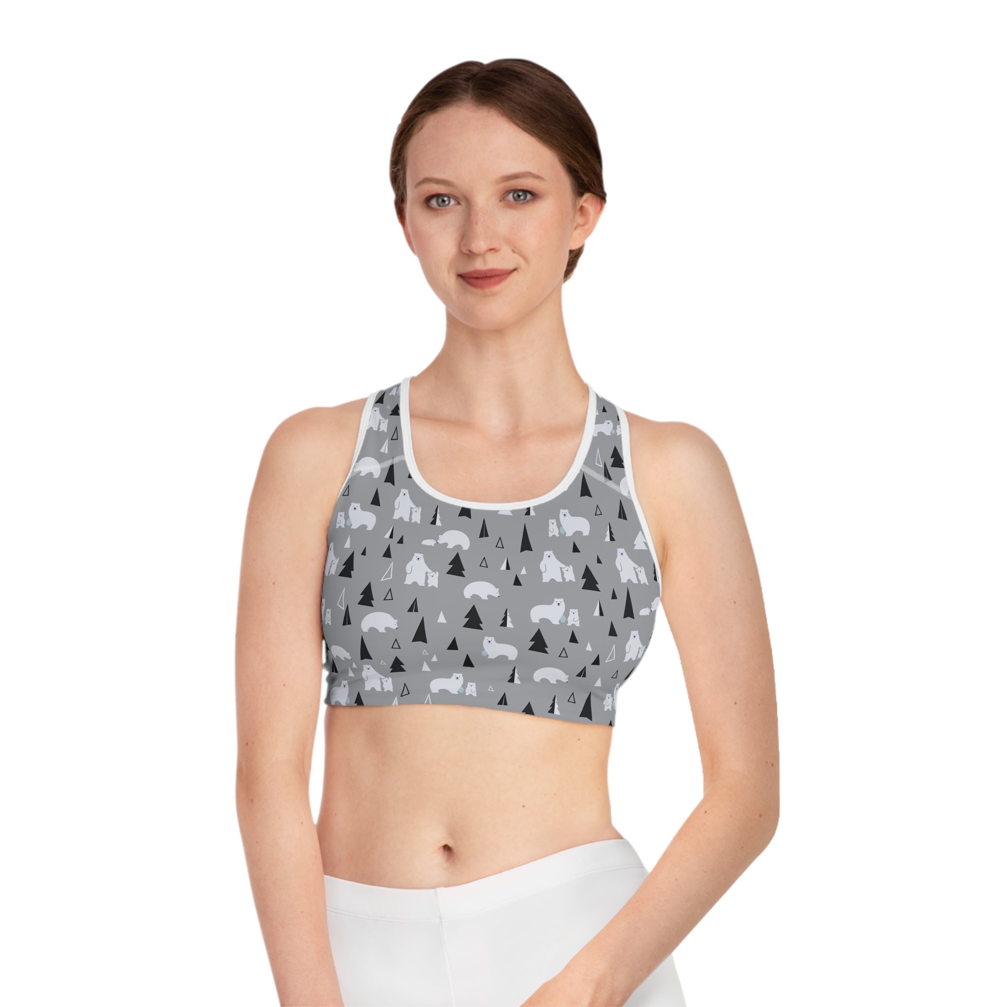 Adventure-Ready Sports Bra with Bear and Tree Print